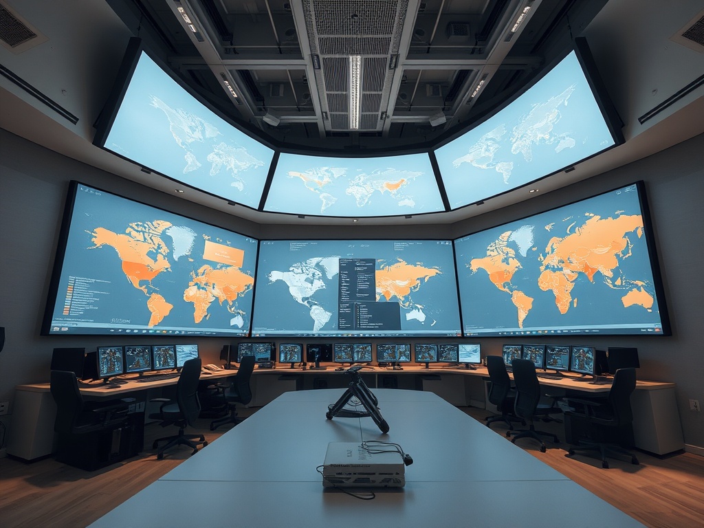 Modern logistics control room with supply chain visibility screens